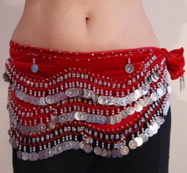 Coinbelt on red velvet, crocheted decorated with silver beads and coins - G27