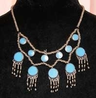 Tribal necklace SILVER colored beads with TURQUOISE stones  inlay - Collier ethnique aux perles ARGENTÉS aux pierres BLEUES TURQUOISES