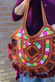 Half circle Banjari Indian Bohemian Hippy mirror Bag BROWN2 MULTICOLORED with tassels and beads