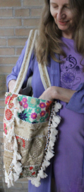 Banjari Indian Bohemian Hippy Bag WHITE11 GOLD FLUORESCENT ORANGE PEARL FLOWERS, tassels and beads decorated