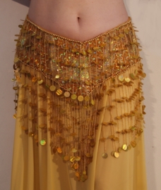 Buikdanskostuum Oriental Princess goud met gouden sliertjes - L, XL, XXL - 3-pce bellydance costume Oriental Princess gold with golden beaded fringe