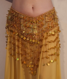 3-pce bellydance costume Oriental Princess gold with golden beaded fringe - L, XL, XXL -