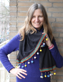 200 cm x 65 cm -  Soft, Lightweight BLACK Bohemian hippy shawl rectangle with MULTICOLOR band, beads and pompoms decorated