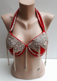 B, C, D 70-85 - RED velvet bra, SILVER sequins and beaded fringe decorated - Top soutien gorge velours ROUGE,  ARGENTÉ