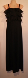 36-38 - BLACK long evening dress, with 3 flounces / ruffles at the top