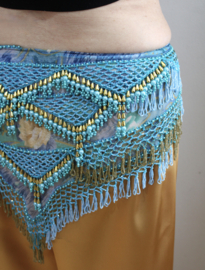 Posh, sophisticated, triangular TURQUOISE BLUE chiffon, crocheted beaded bellydance hipscarf - LG16