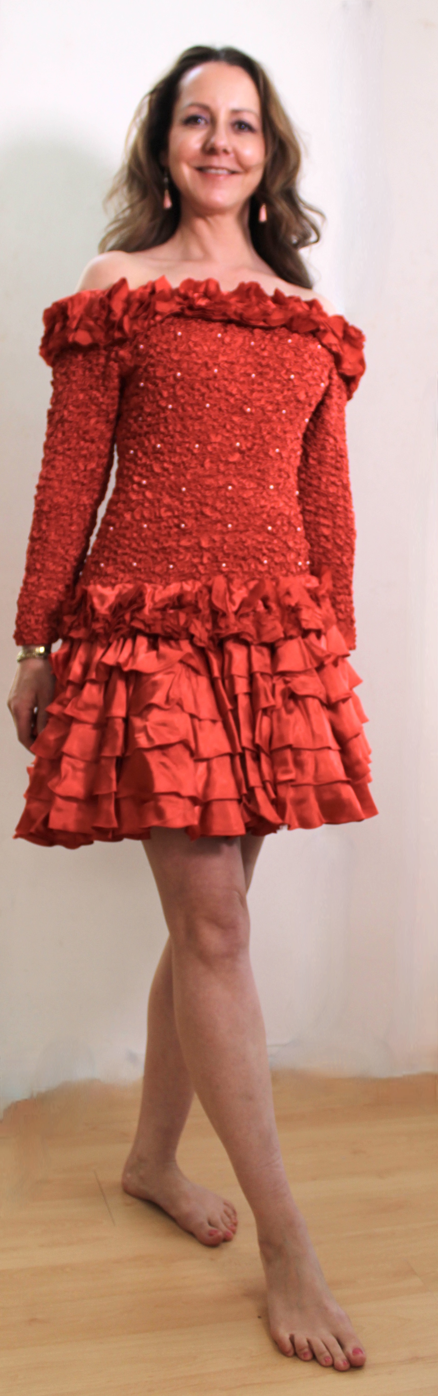 Coctail dress, party dress with fully elasticated top part and satin flounces skirt / lower part -  one size fits 38, 40 and 42
