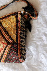 23cm x 13 cm x 6cm - One of a kind Bohemian hippy chic purse patchwork, tassels BLACK1 GOLD YELLOW ORANGE