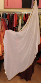 195 cm x 115 cm - WHITE rectangular transparent chiffon veil, GOLDEN beads and plastic coins rimmed