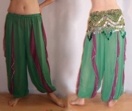 one size - Harempants wavepants GREEN chiffon with PURPLE inlay,  SILVER beads and sequin rimmed