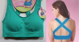 Small/Medium - Sleeveless stretch top  FUCHSIA / BRIGHT PINK, AQUA GREEN, crossed straps on the back - Top sportif élastiqué bandes croisées sur le dos