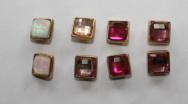 PARELMOER, SMOKEY, PINK, ROSÉ - 1 pair of Square ear pins "Crystal Sparkle", GOLDEN rimmed