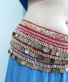 FUCHSIA BRIGHT PINK coinbelt for bellydancing soft velvet, abundantly decorated with SILVER beads, coins and glitter band - one size fits S, M, L, Small, Medium, Large