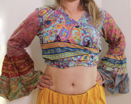 One of a kind wrap and tie top silk, with rushes at the sleeves, Bohemian Indian patchwork design - one size fits XS, S, M, L,  XL