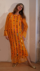 Egyptian folklore YELLOW transparent saidi bellydance dress with plastic glitter coins, long sleeves - one size fits S, M, L, XL