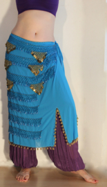 Sarong gordel met kralenhaakwerk TURQUOISE BLAUW, versierd met GOUD - Extra Large XL, XXL, XLong - Sarong hipshawl hipscarf TURQUOISE BLUE, Egyptian handycraft, crocheted decorated with  GOLD