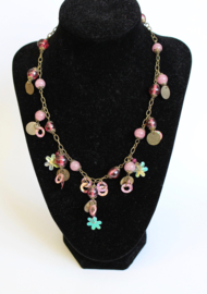Fantasy 1 - Fantasy Necklace, chain, SILVER, shades of PINK  with coins, flowers and beads