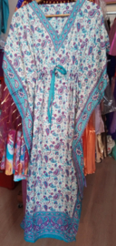 Kaftan, lange losse jurk TURQUOISE FUCHSIA ECRU, oriëntaals,  voor dame - one size fits S, M, L, XL Galabyya met V-hals - one size