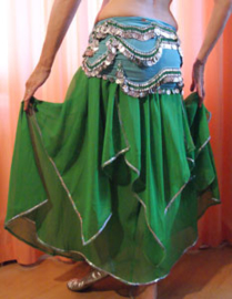 Small Medium - Oriental bellydance skirt, tulip shaped, GREEN, SILVER rimmed