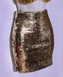 Volledig elastisch, strak, GOUDEN pailletten mini rokje / topje - One size fits (Extra) Small, Small, petite