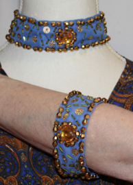 2-piece set : Choker Textile necklace BLUE GOLD + upperarm bracelet