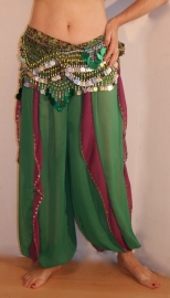 one size - Harempants wavepants GREEN chiffon with PURPLE inlay,  SILVER beads and sequin rimmed