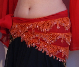 Beaded belt RED chiffon, with subtle ORANGE beads crochet decoration