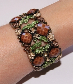 one size - Metal frame Bracelet " Flower Princess " GOLD, BROWN and GREEN decorated