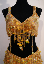 3-pce bellydance costume Oriental Princess gold with golden beaded fringe - L, XL, XXL -