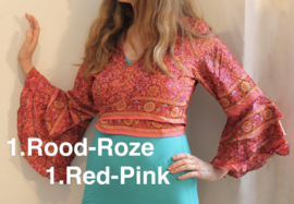 Wrap and tie top silk RED PINK,  3 rushes at the sleeves, Indian design - one size fits XS, S, M, L,  XL - Top samba soie naturelle ROUGE ROSE