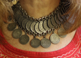 farao7 - Bohemian Ibiza hippy chick, Pharaonic necklace, choker, ANTIQUE SILVER color with big coins