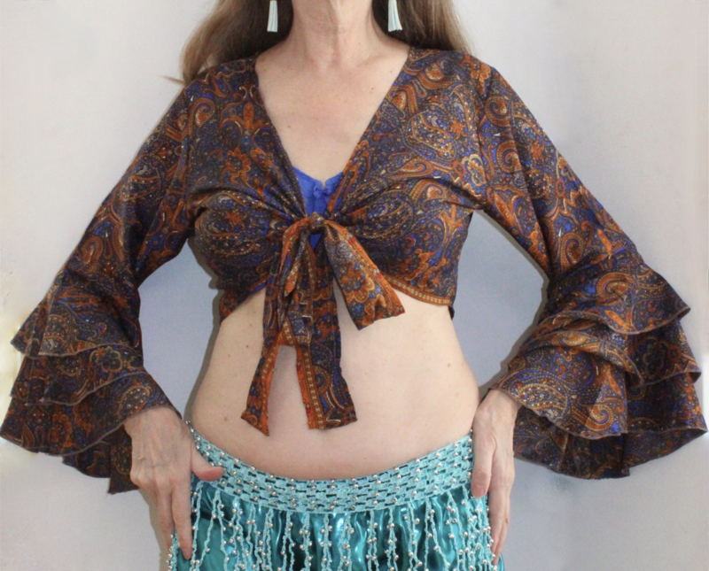 Wrap and tie top silk,  3 rushes at the sleeves "Samba sleeves" - one size fits XS, S, M, L,  XL
