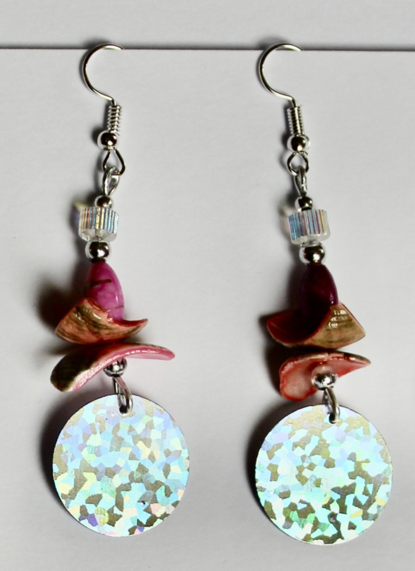 Silver colored mirrored sequin earrings, PINK abelone  nr2 shell decorated