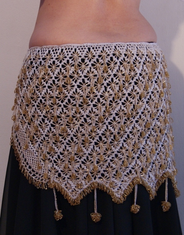 L, XL - Beaded hipbelt WHITE GOLD  - Ceinture danse orientale crochetée BLANC OR