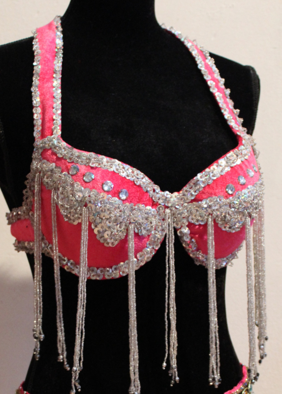 B, C, D 70-85 - FUCHSIA BRIGHT PINK velvet bra, SILVER sequins, crystals and beaded fringe decorated