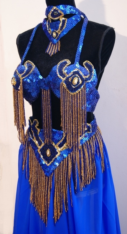 K4 - 7- piece fully sequinned bellydance costume ROYAL BLUE GOLD "Pharao"