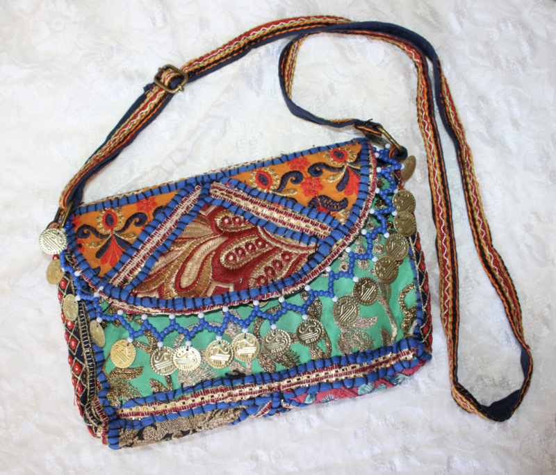 23cm x 13 cm x 6cm - One of a kind Bohemian hippy chic purse patchwork coins BLUE GOLD GREEN RED ORANGE