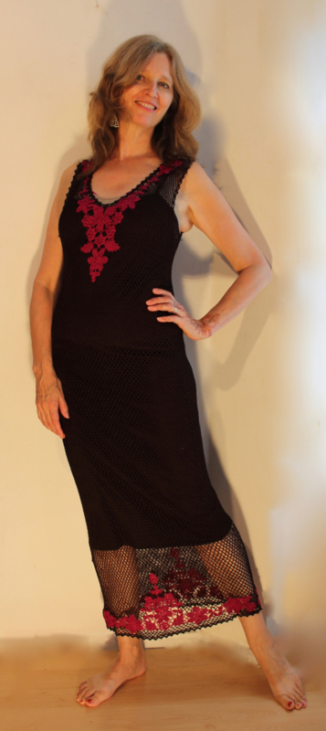 M L XL - 2-piece : transparent crocheted dress  VERY DARK DEEP BROWN, FUCHSIA PINK + matching under dress