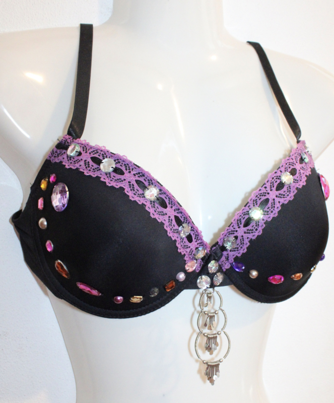 B, C 78-85 - BLACK bra, GOLDEN MULTICOLORED glitter stones and diamanté decorated "Milky Way"