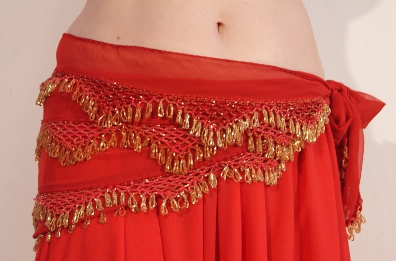Beaded belt on RED chiffon, GOLDEN beads crocheted decorated