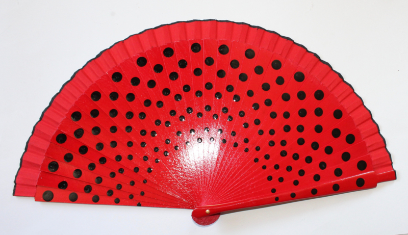Spaanse waaier ROOD met ZWARTE polka dots - Spanish RED fan BLACK polka dots decorated.