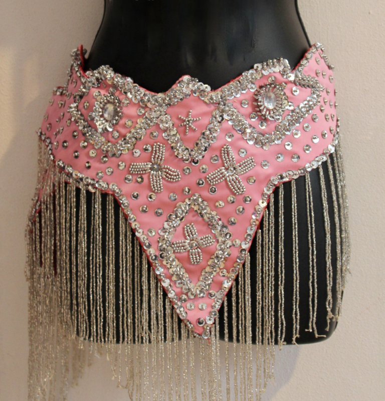 L / XL - Bellydance hipbelt  PINK satin, SILVER sequins and beaded fringe decorated