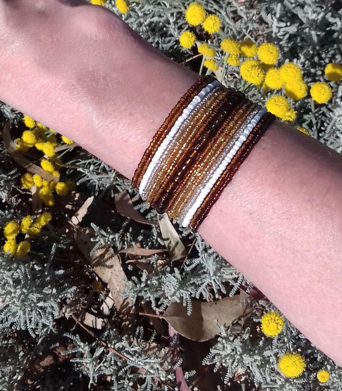 Flexible Beaded bracelet Ibiza fashion style WHITE GOLD BROWN - Bracelet perlé BRUN BLANC DORÉ