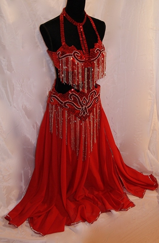 Fully sequinned 5-piece bellydance costume RED SILVER, beaded fringe decorated