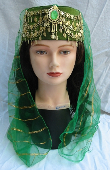1001 Nacht Fez dames GROEN GOUD met sluiertje en sieraad - Lady head gear hat for 1001 Night GREEN GOLD