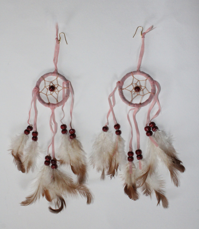 Medicine Woman Dreamcatcher earrings PINK, natural feathers and beads decorated - XXL XLong