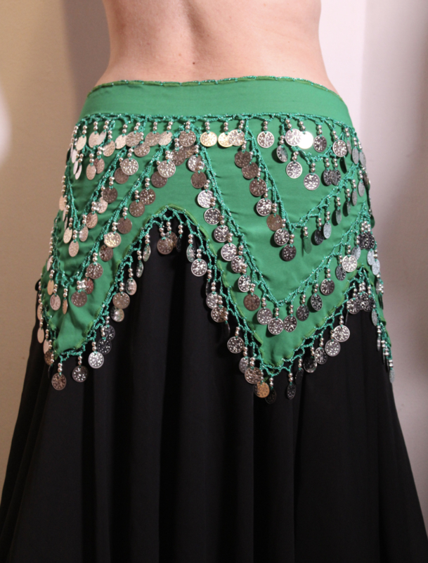 4-points Coinbelt on GRASS GREEN chiffon, crochet decoration with SILVER beads and coins
