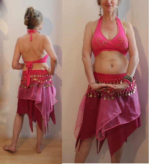 one size - Harem costume 4-piece : headband + Bra top FUCHSIA GOLD + belt + skirt + coinbelt + 2 slit- 4- points skirt  PURPLE