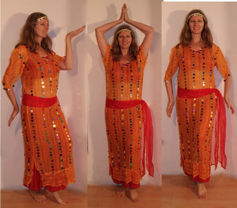 3-delig Cleopatra ensemble : transparante netjurk/tuniek oranje-GEEL met multicolor muntjes+ heupsjaaltje + hoofdbandje met muntjes - S M L XL 