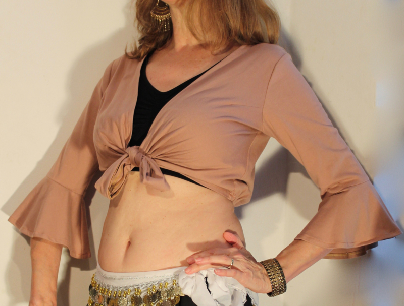 S Small / M Medium - Short workout top / blouse stretch cotton EARTH BEIGE LIGHT BROWN with 3/4 sleeves